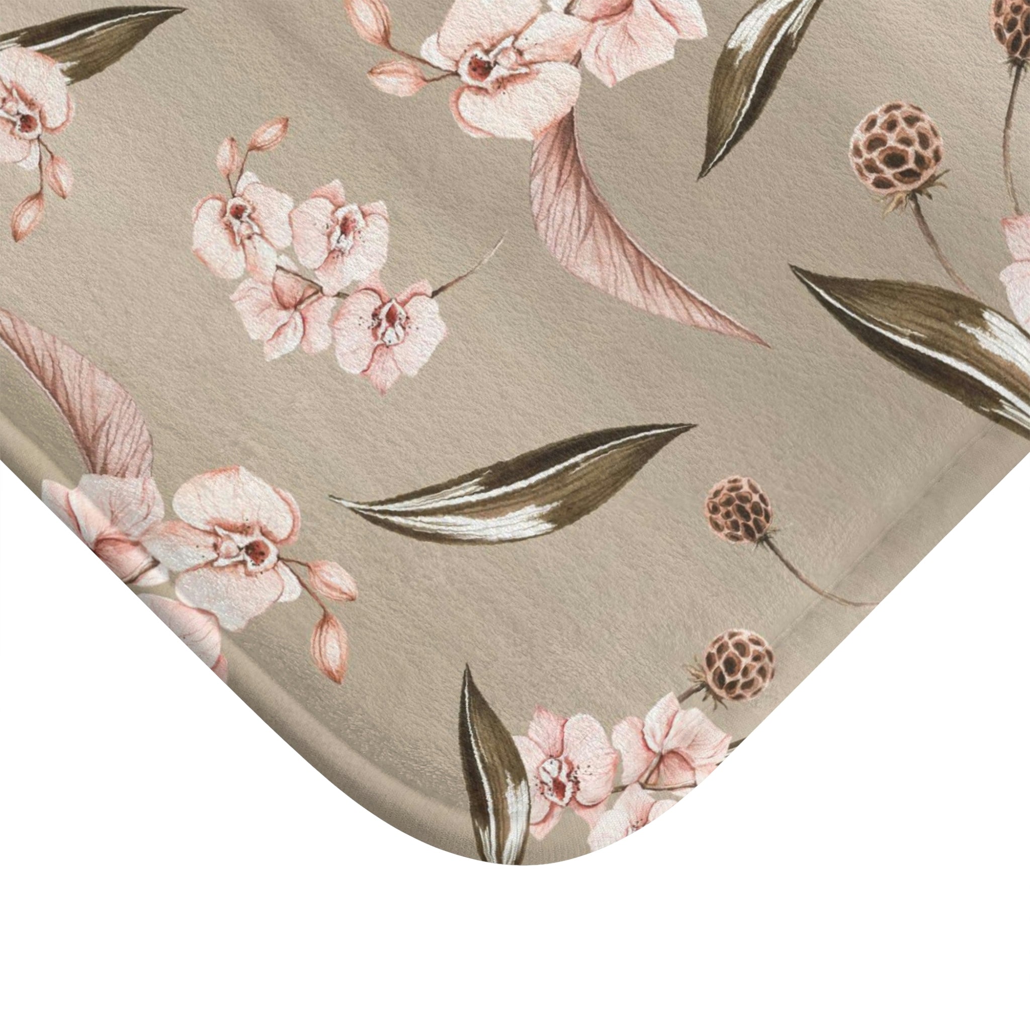 Boho Floral Bath, Kitchen Mat | Blush Pink Orchids, Beige Brown