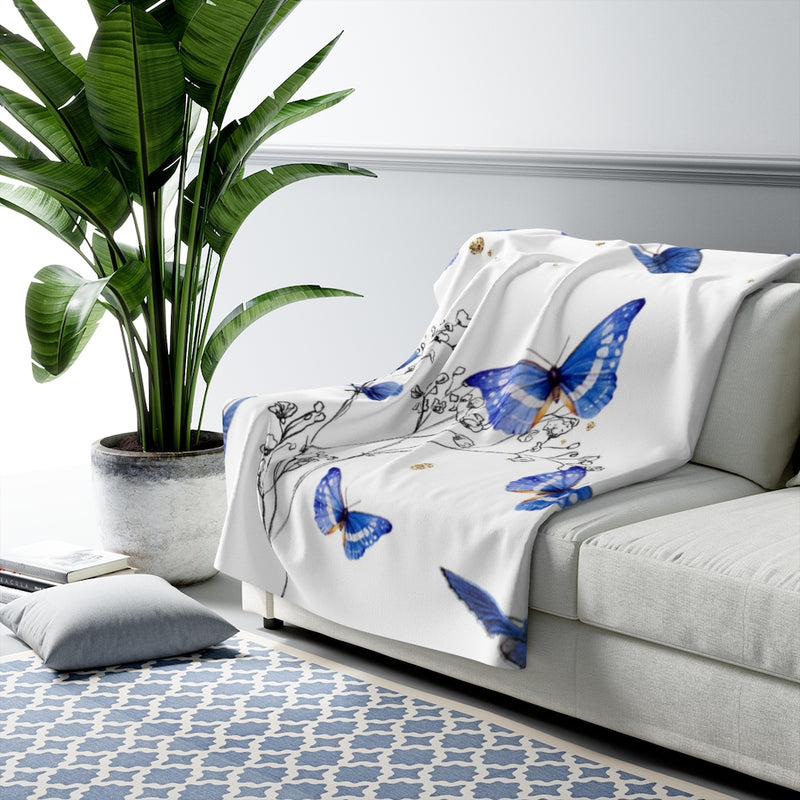 Floral Comfy Blanket | White Blue Butterflies