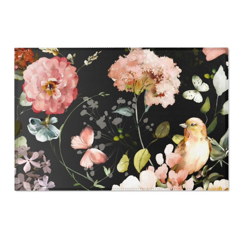 Floral Area Rug | Peach Pink Black Blossoms