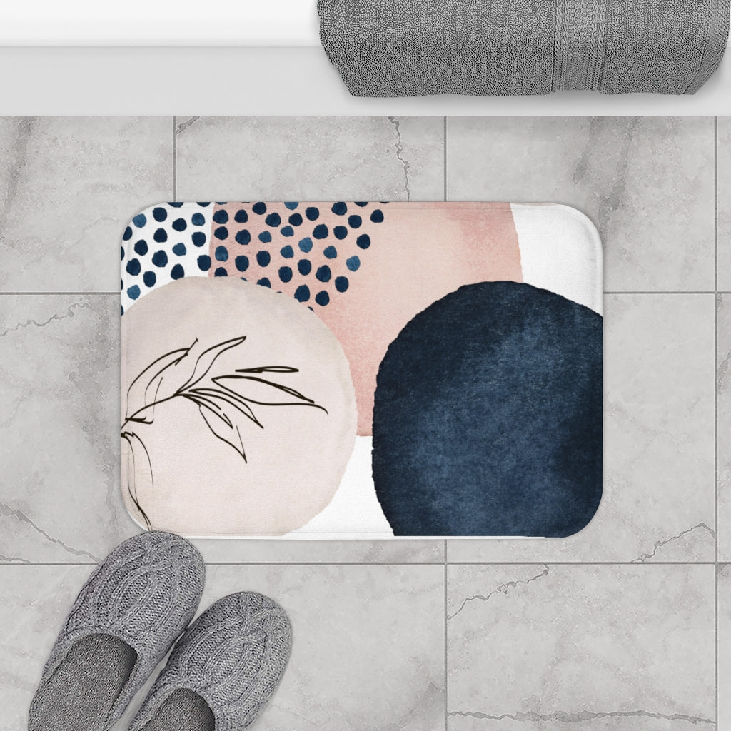 Boho Kitchen, Bath Mat | Abstract Navy Blue, Blush Pink