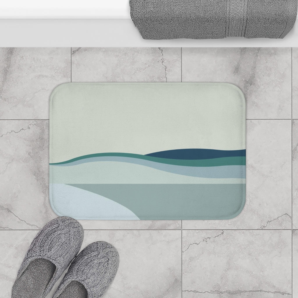 Cute Boho Bath Mat | Sage Green Teal Navy | Abstract Landscape