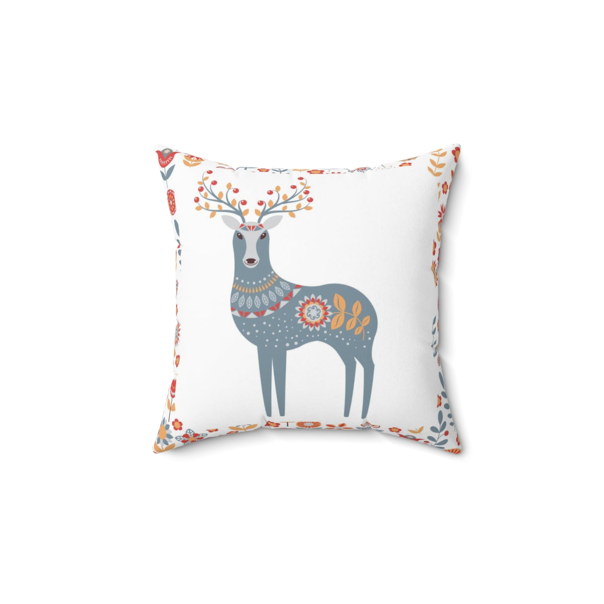 Scandi Nordic Boho Square Pillow Cover | White Blue Raindeer Floral