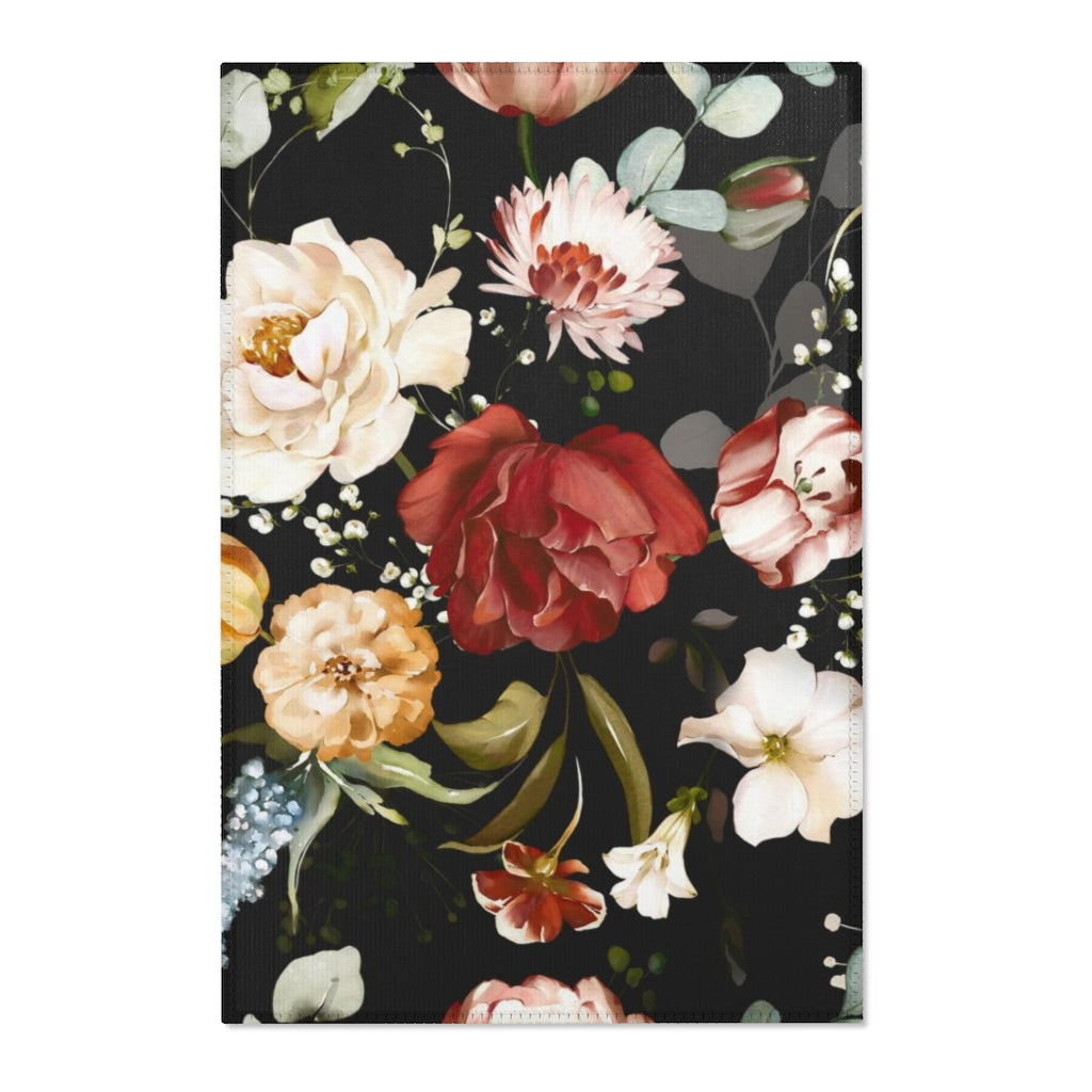 Floral Area Rug | Red Black Flowers