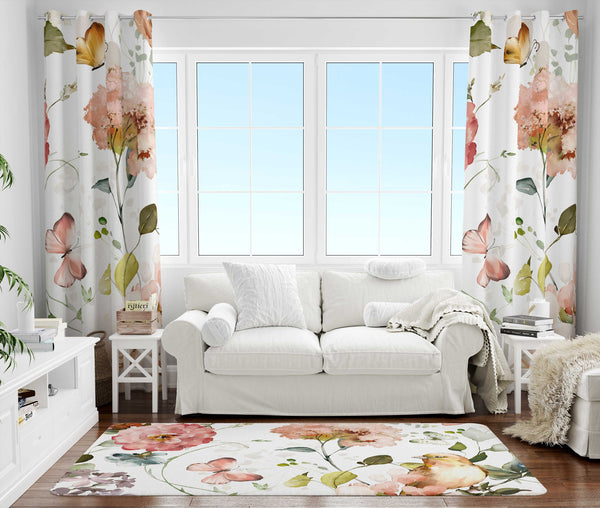 Floral Area Rug | White Peach Blossoms Butterflies