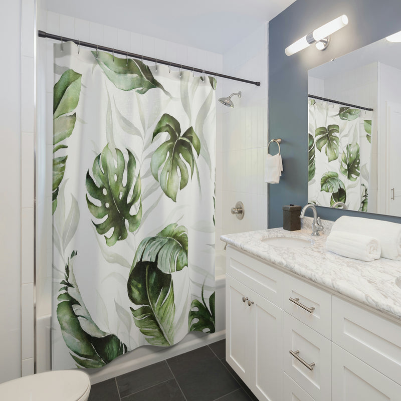 boho shower curtain | white, monstera floral green leaves