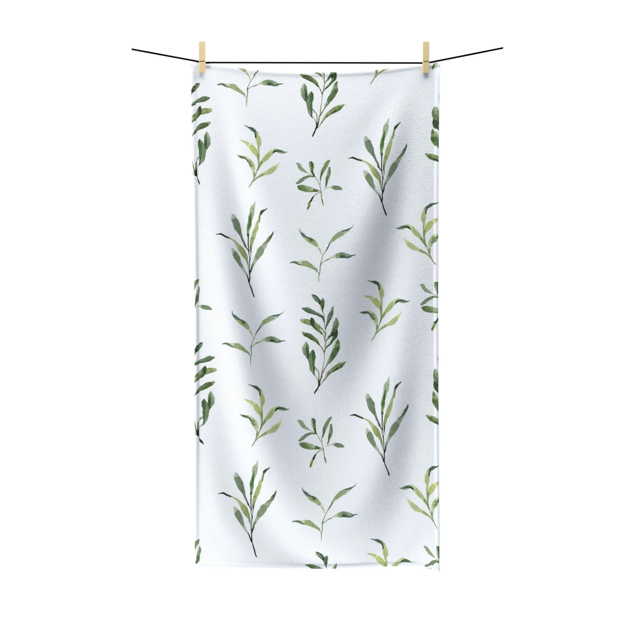 Boho Bath Towel | Floral Sage Green Leaves, White