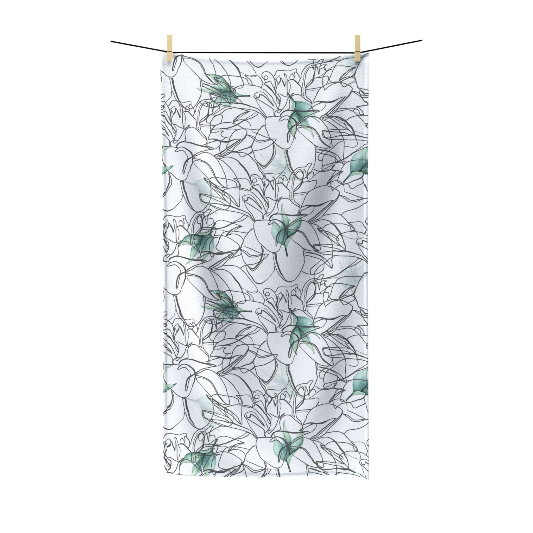 Floral Boho Bath Beach Towel | Black Gray White, Line Art, Green