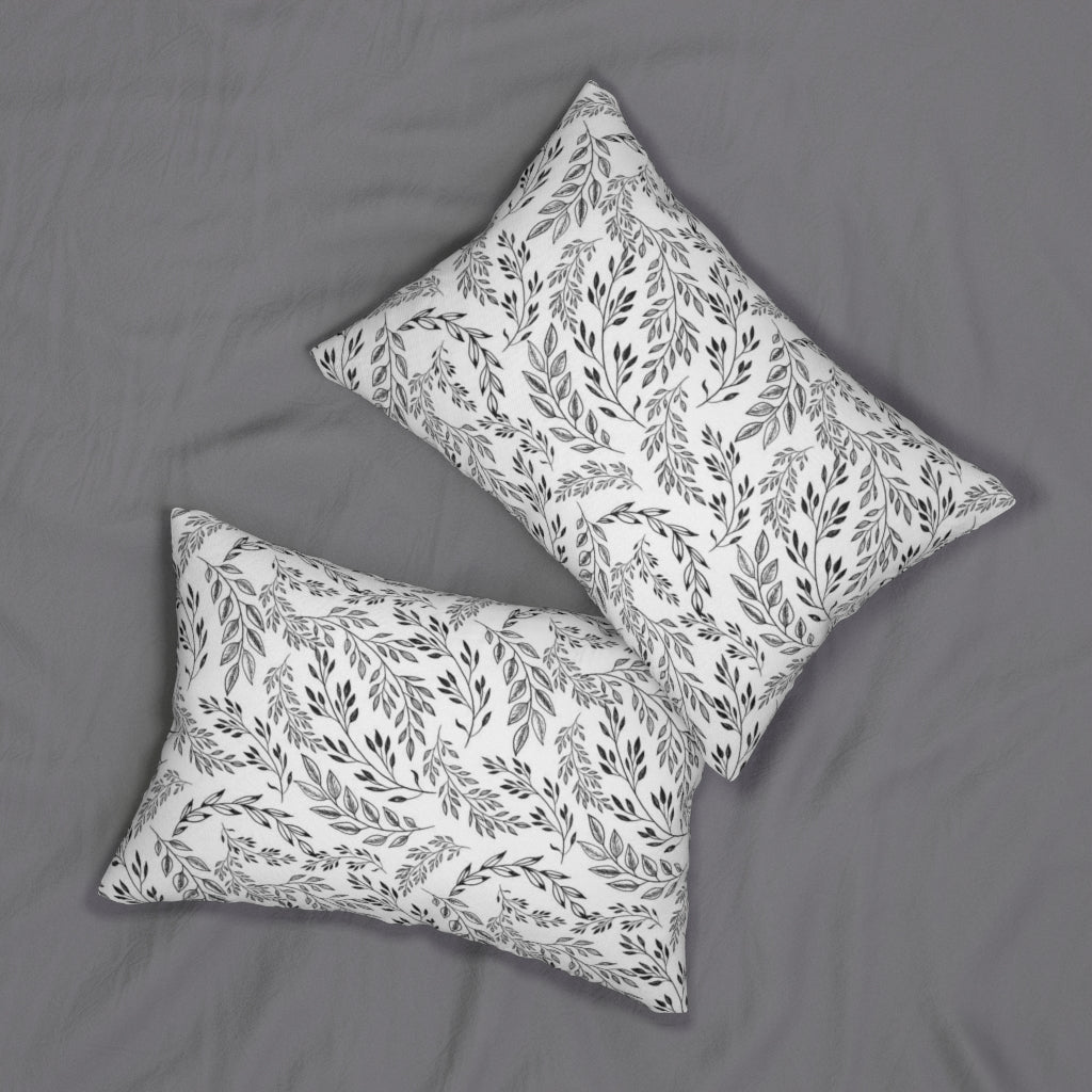 Floral Boho Lumbar Pillow | White Black Leaves