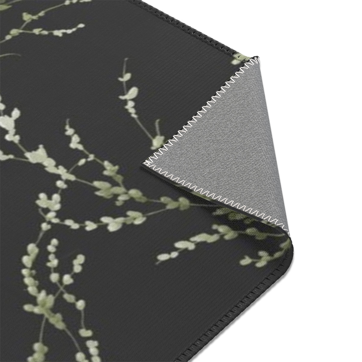 Floral Area Rug | Black Green Delicate Leaves