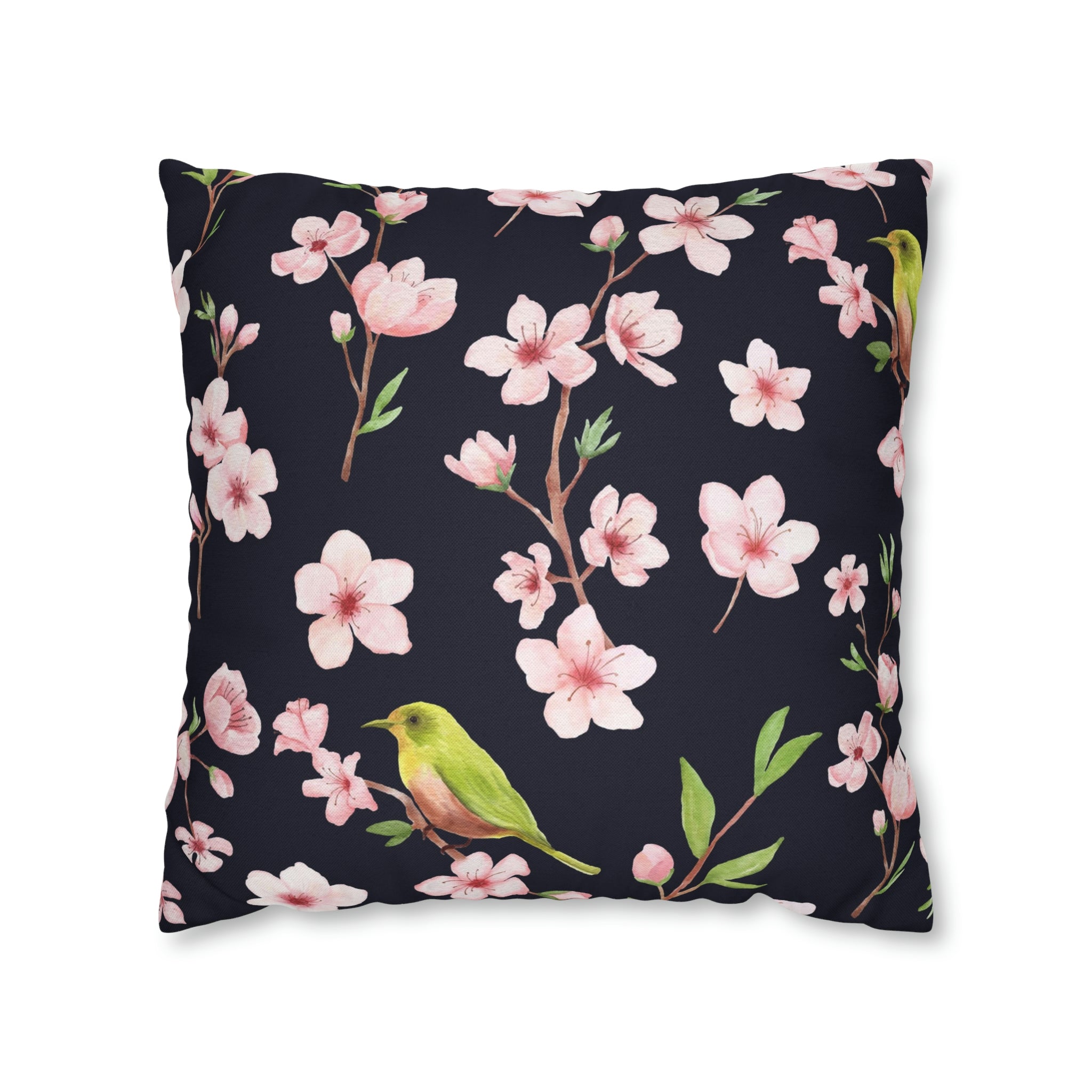 Floral Boho Pillow Cover | Pink Sakura, Green Bird, Black