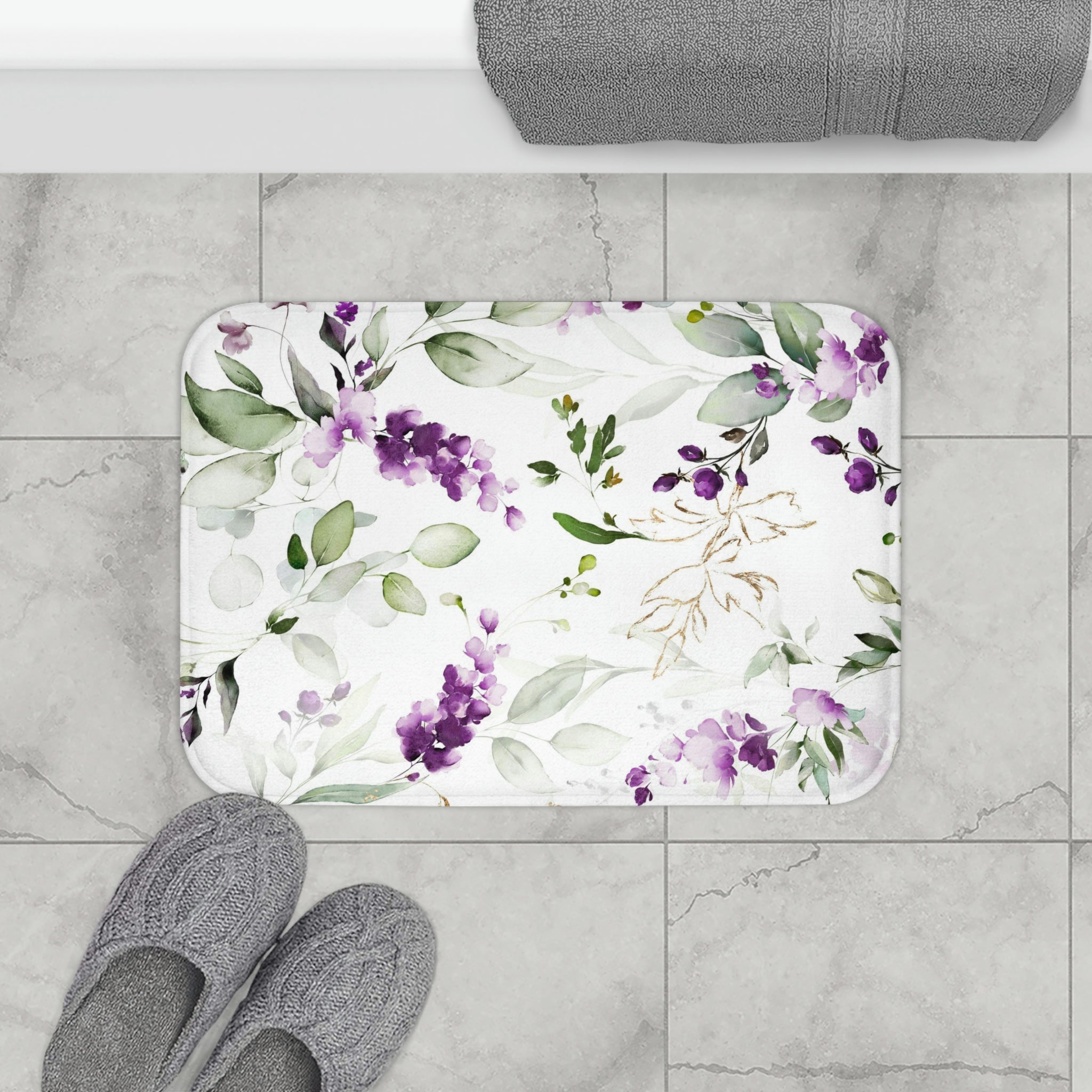 Floral Kitchen Bath Mat | Lavender Sage Green Flowers