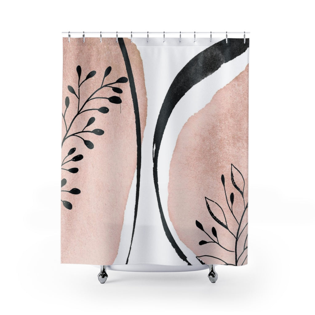 a shower curtain with a pink and black design