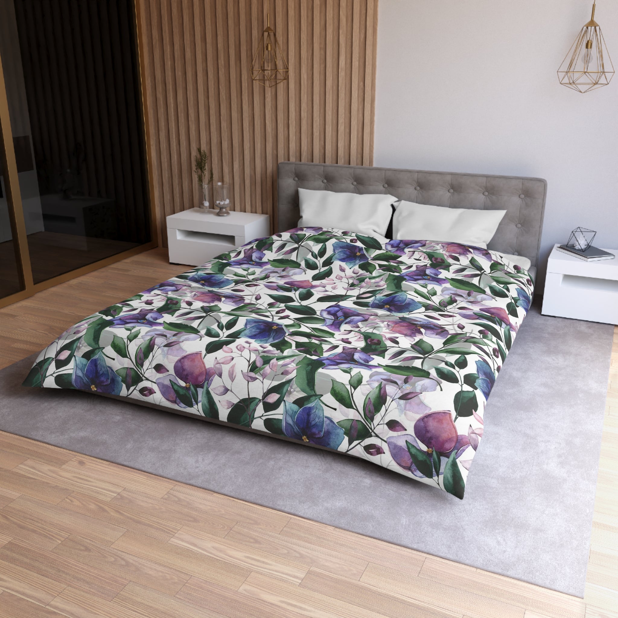 Floral Duvet Cover | White Purple Blue Green Jungle Flowers