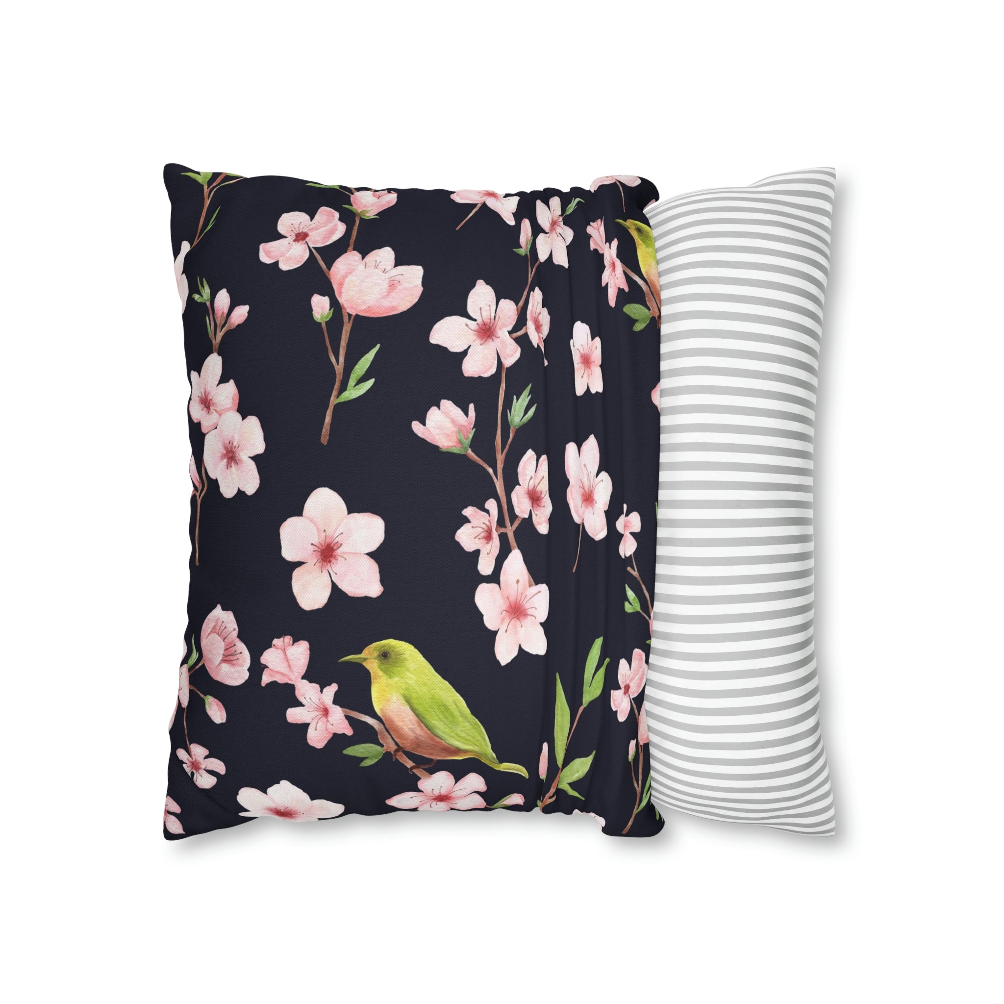 Floral Boho Pillow Cover | Pink Sakura, Green Bird, Black