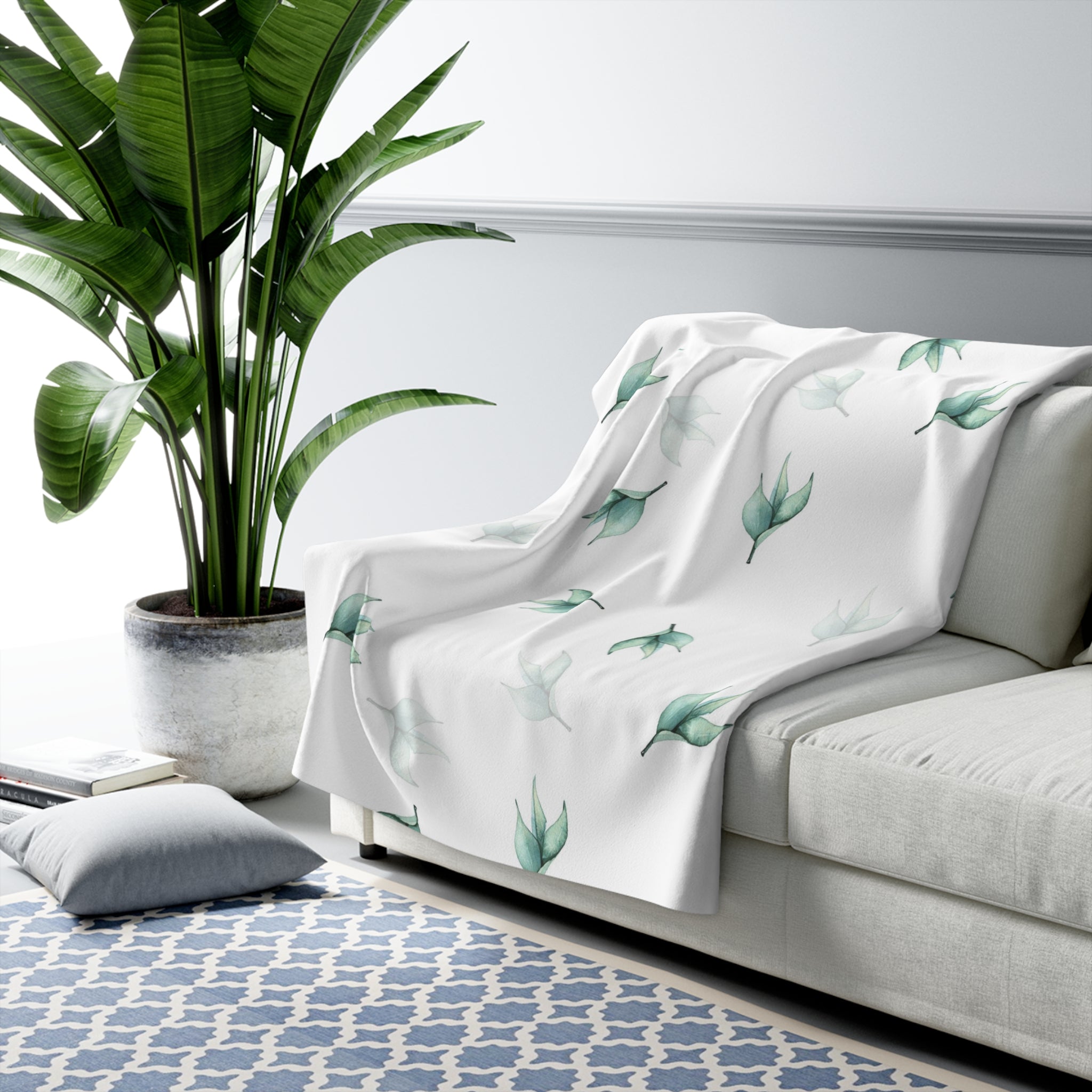 Floral Blanket | Sage Green White Leaves