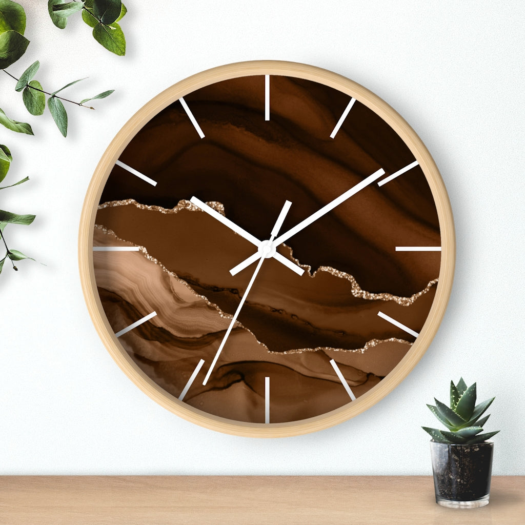 Marble Print, Wood,  Wall Clock, Beige Brown 10"