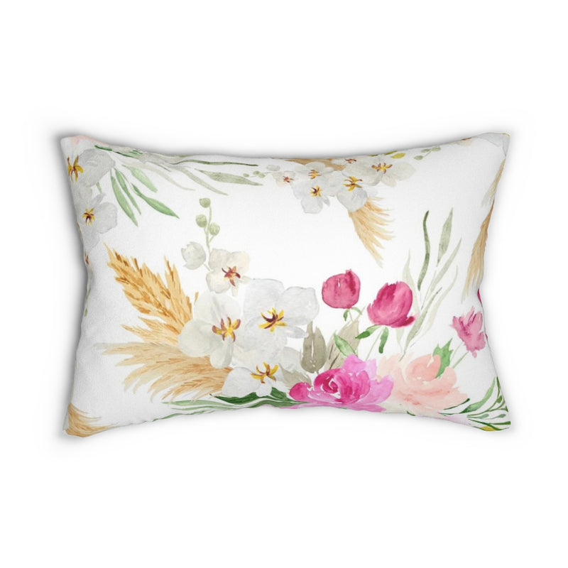 Floral Boho Lumbar Pillow | White Pink Yellow