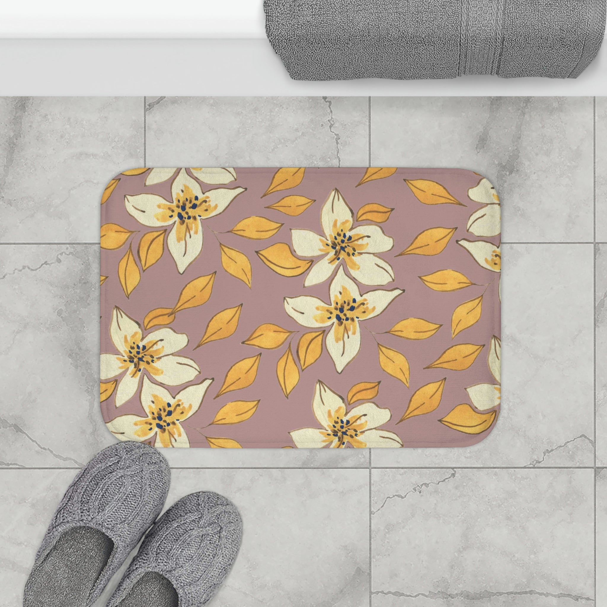 Boho Floral Bath, Kitchen Mat | Mauve Pink, Beige Botanical