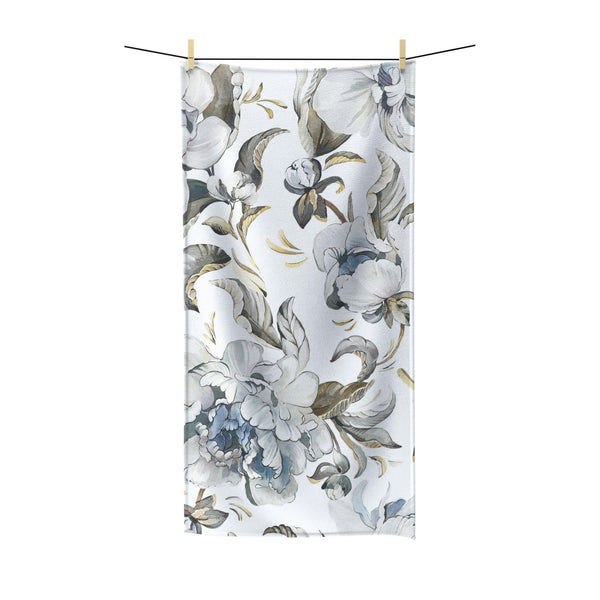 Floral Boho Bath Towel | Blue White Peonies Minimalist