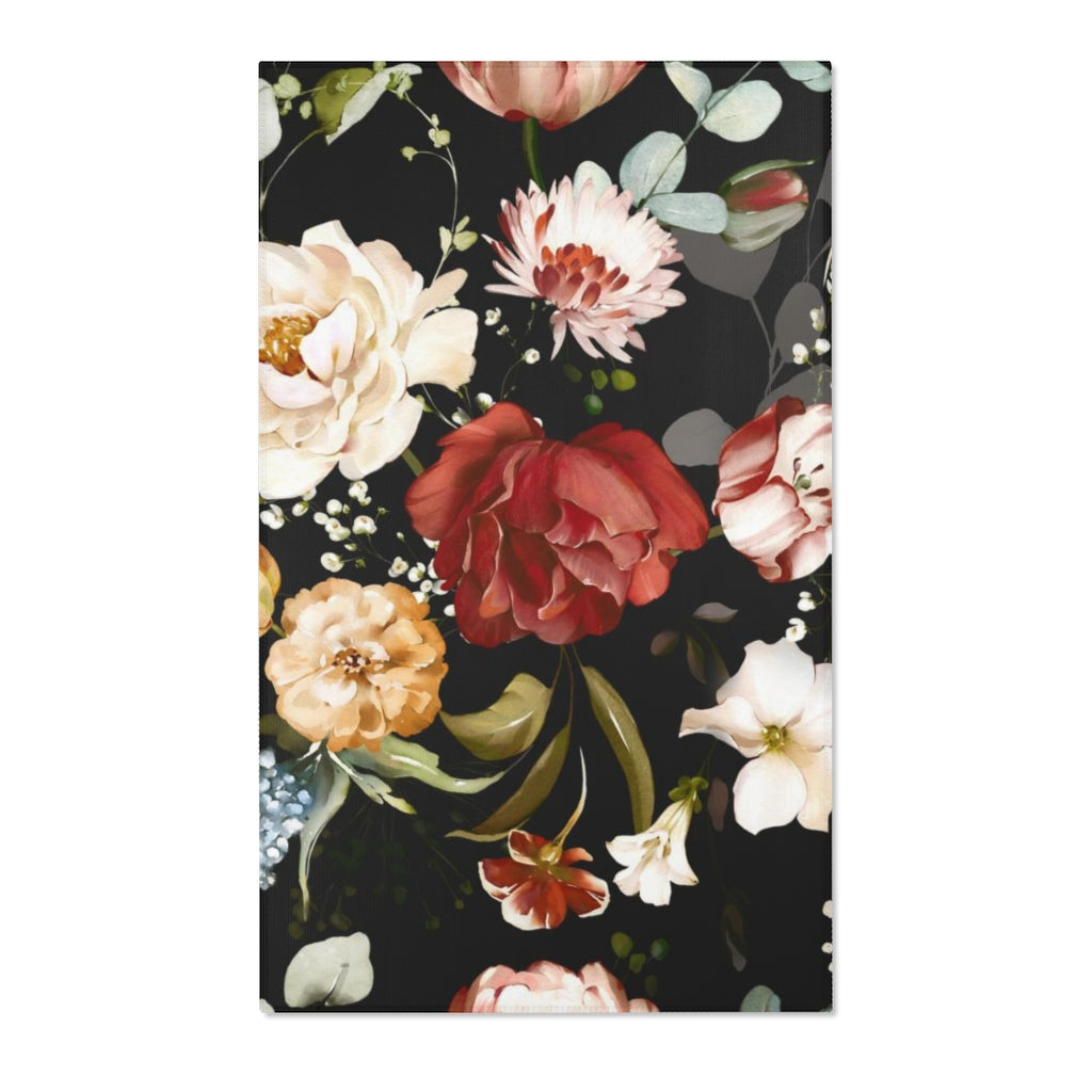 Floral Area Rug | Red Black Flowers