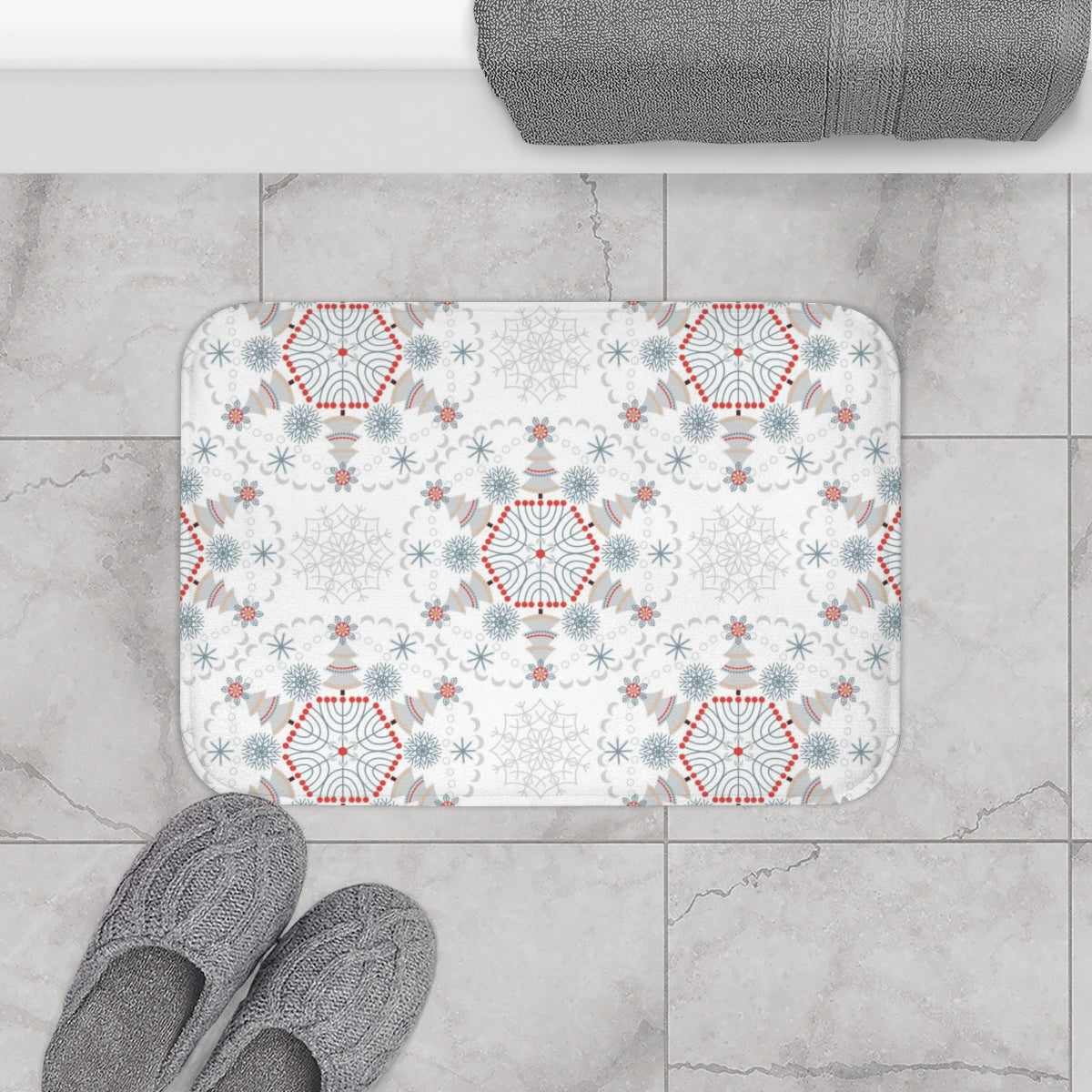 Christmas Bath Mat | White Red Gray Winter Snowflakes