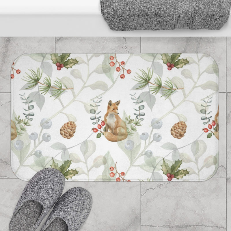 Christmas Bath Mat | White Green Mistletoe and Foxes