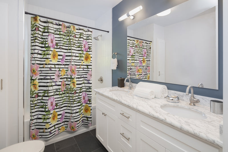 Floral Shower Curtain | Poppie Black White Stripes