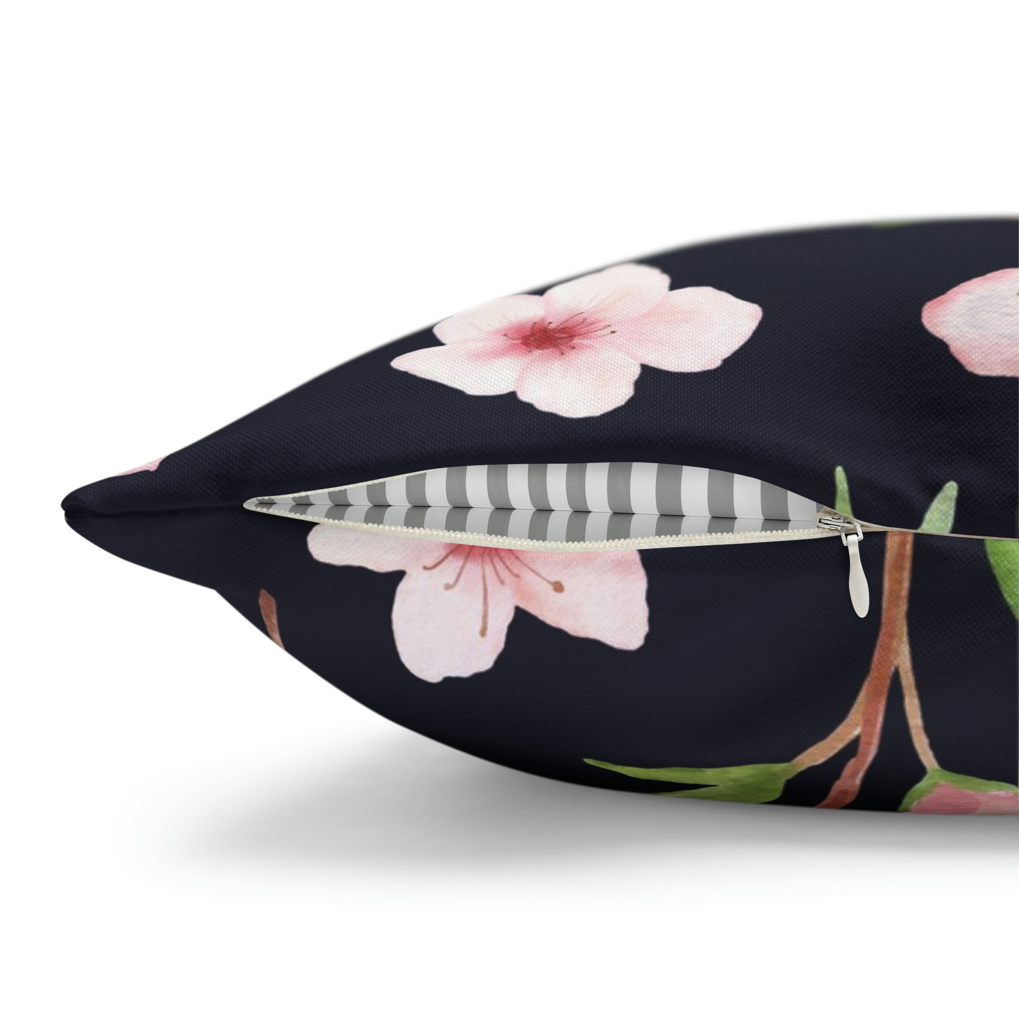 Floral Boho Pillow Cover | Pink Sakura, Green Bird, Black