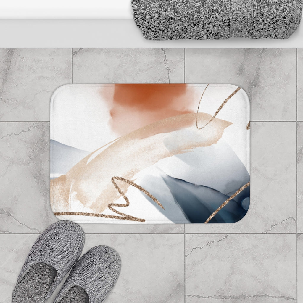 Boho Abstract Bath Mat | White, Rust Blue