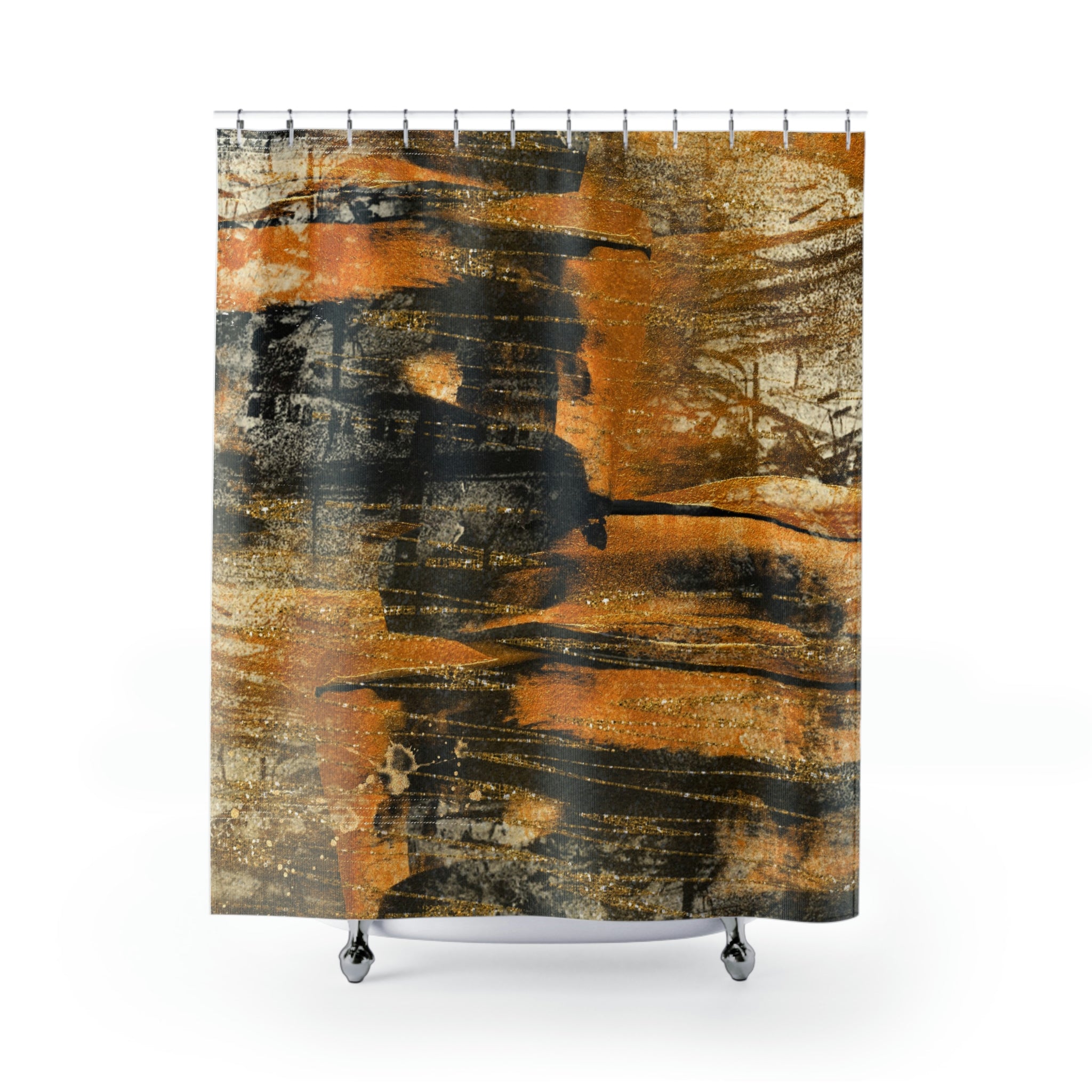 a dark, black and orange shower curtain 