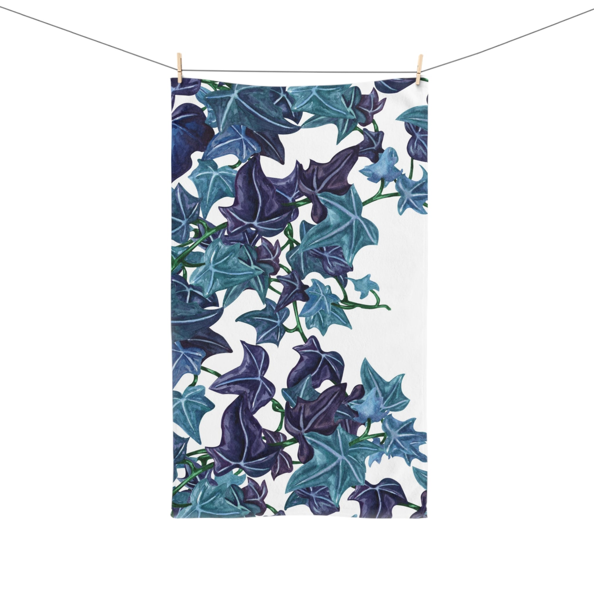 Floral Boho Kitchen, Bath Hand Towel  Jungle White Teal Blue Vine