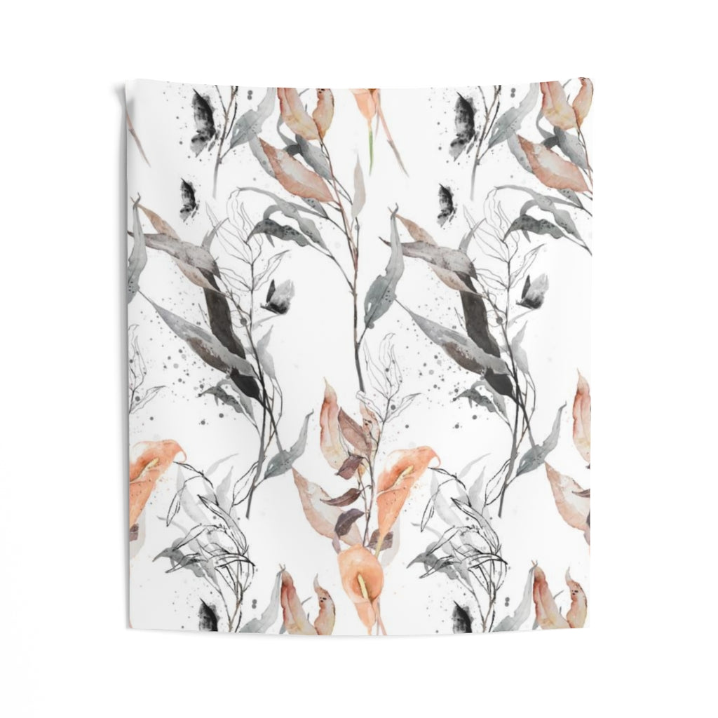 Floral Tapestry | Grey Salmon Pink White Leaves