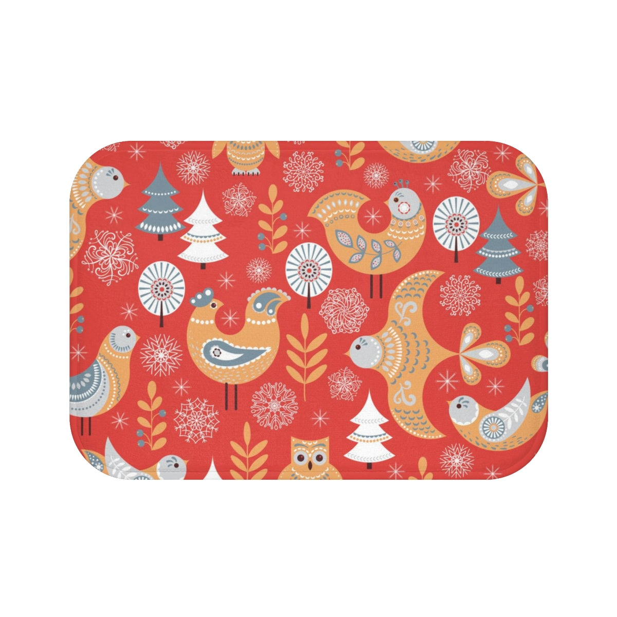 Christmas Bath Mat | Red Beige White Nordic Folk Birds