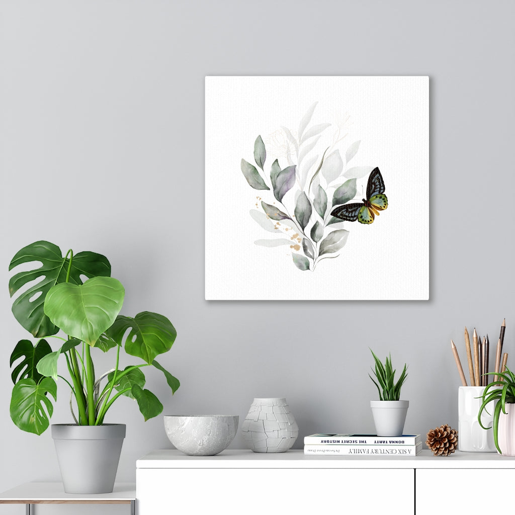 FLORAL CANVAS ART | White Grey Leaves Butterfly