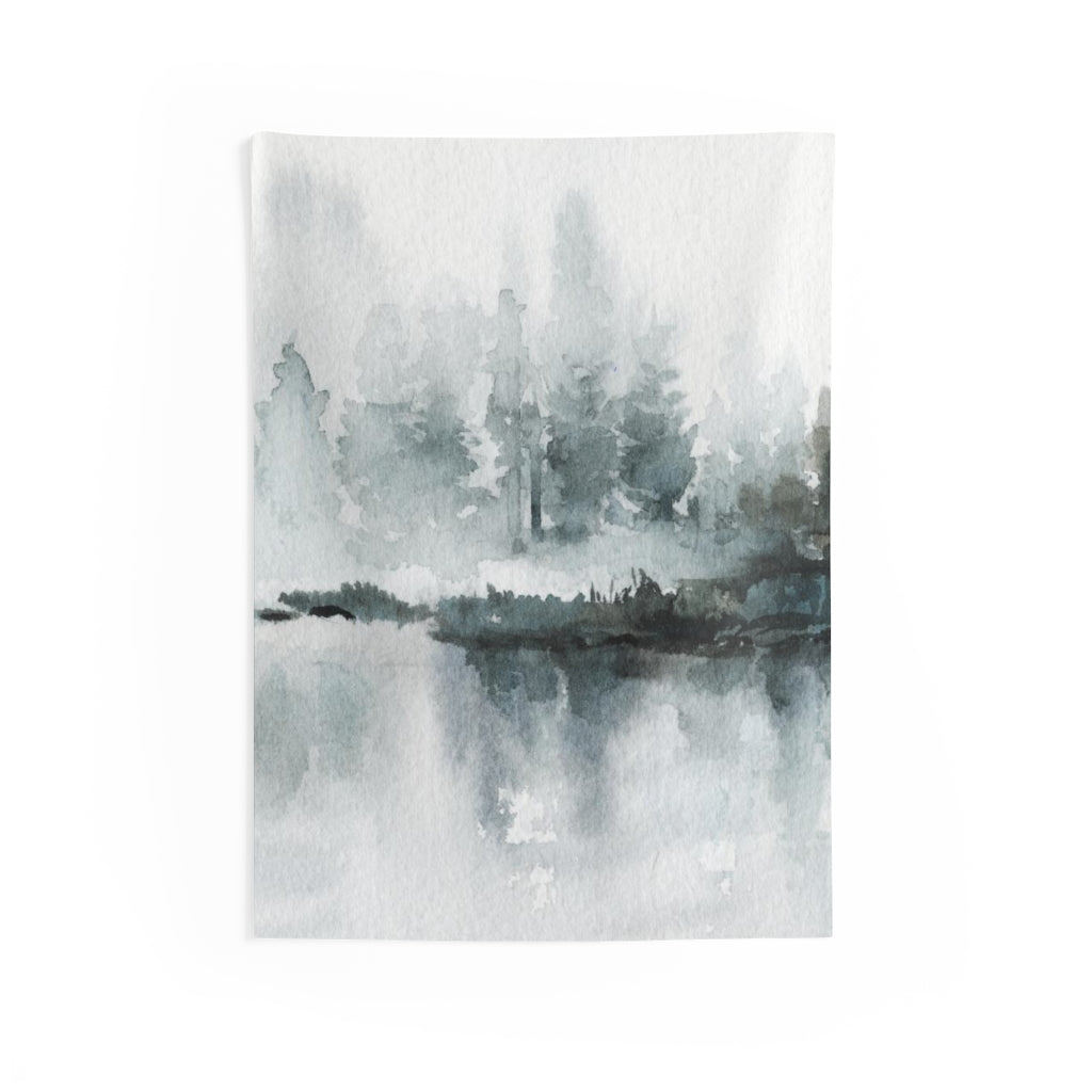 Landscape Tapestry | Grey Green Watercolor Lakeside Forest