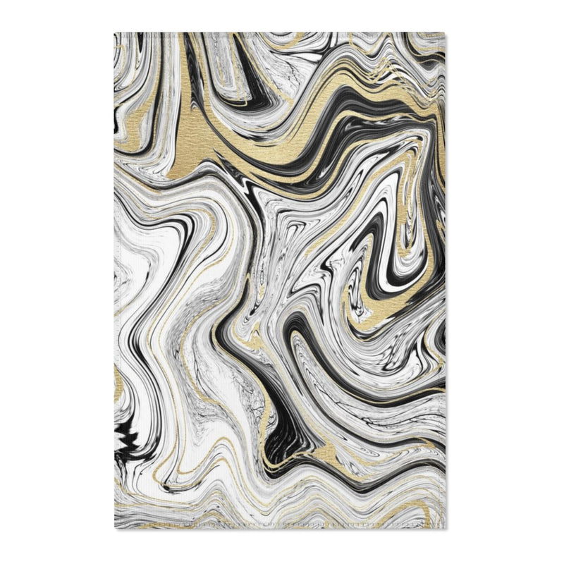 Abstract Area Rug | Black White Beige Gold Marble