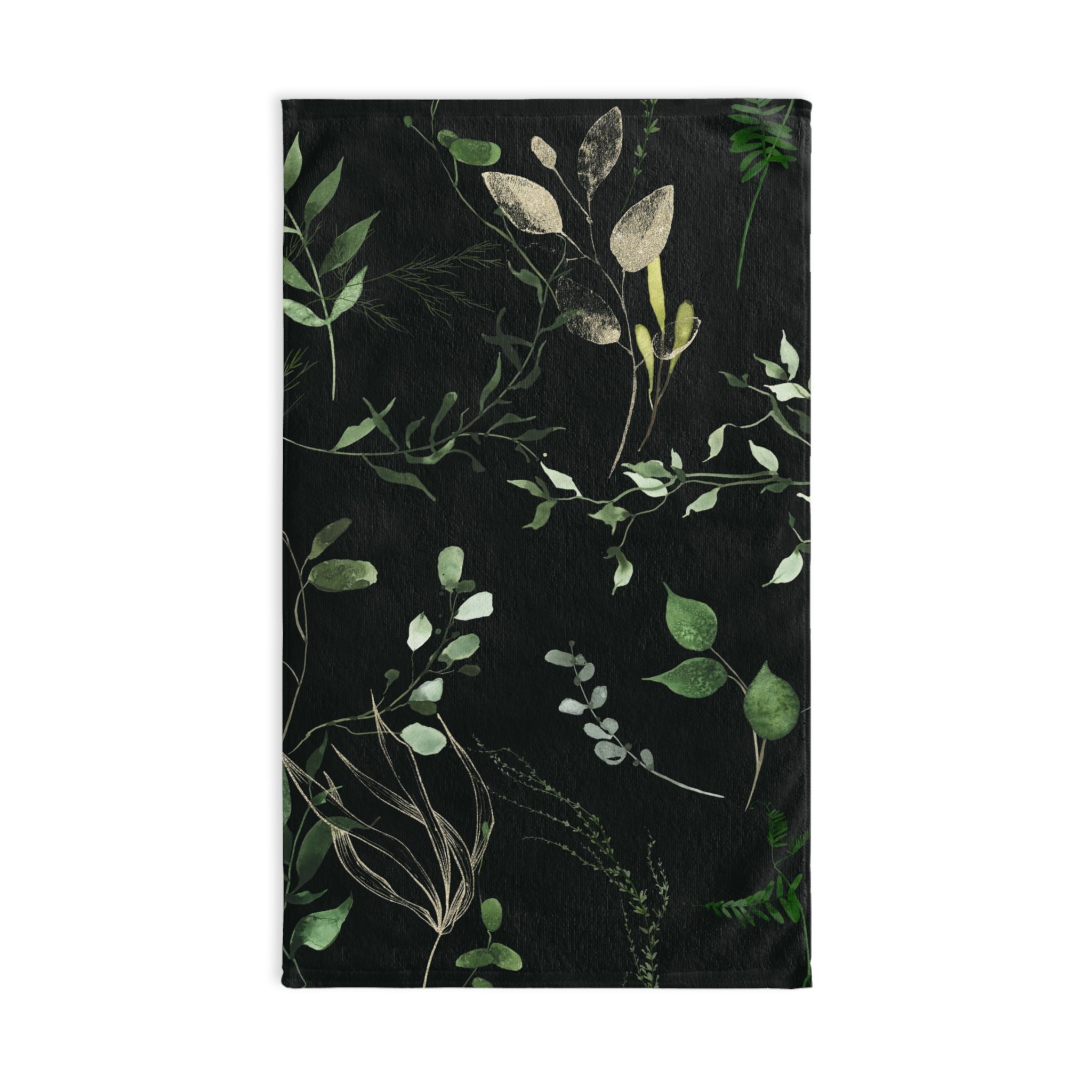 Floral Boho Kitchen, Bath Hand Towel | Jungle Black Sage Green Leaves