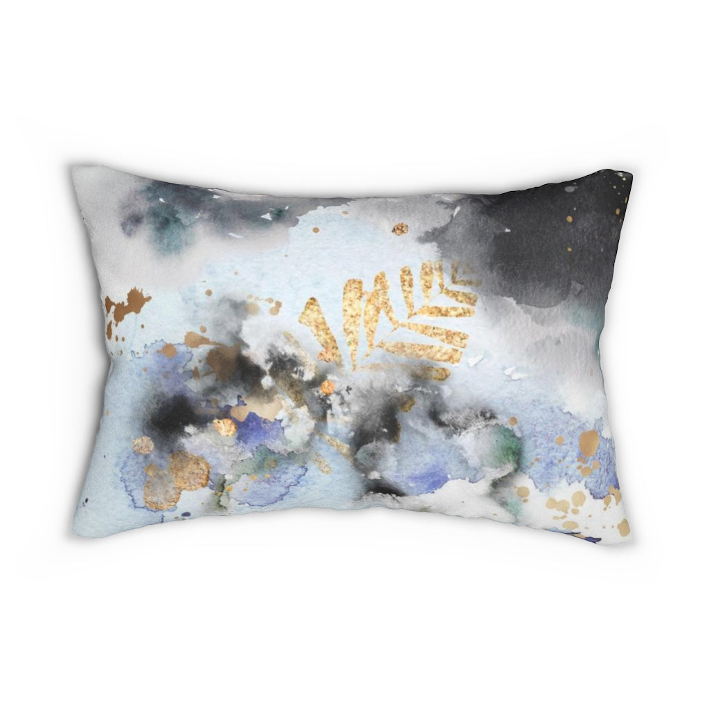 Abstract Boho Lumbar Pillow | White Pastel Blue Black Gold