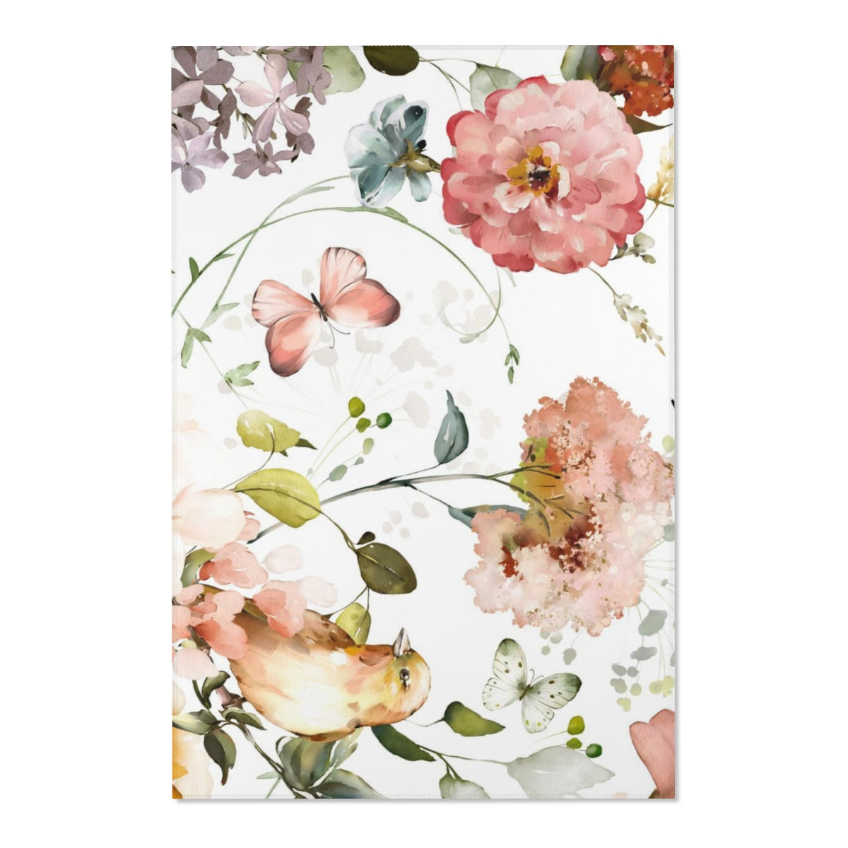 Floral Area Rug | White Peach Blossoms Butterflies