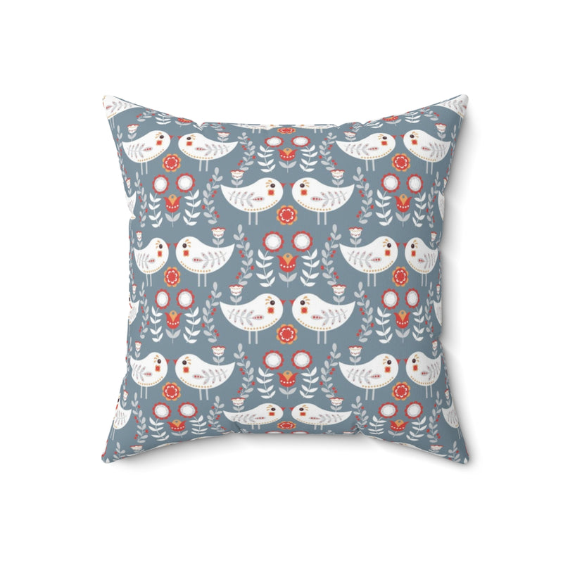 Scandi Nordic Boho Square Pillow Cover | White Blue Gray Birds Floral
