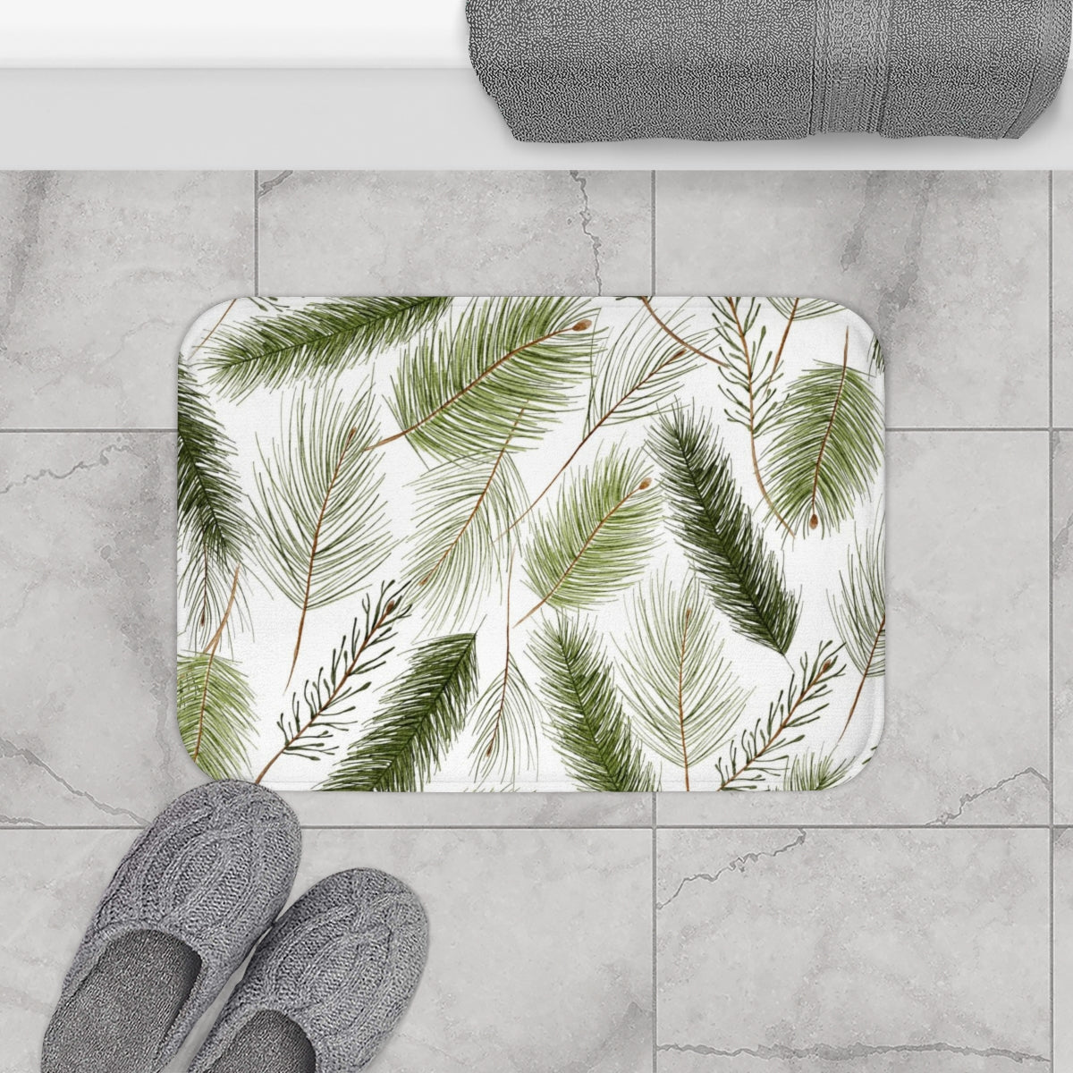 Kitchen, Bath Mat | White Green Winter Pine Needles