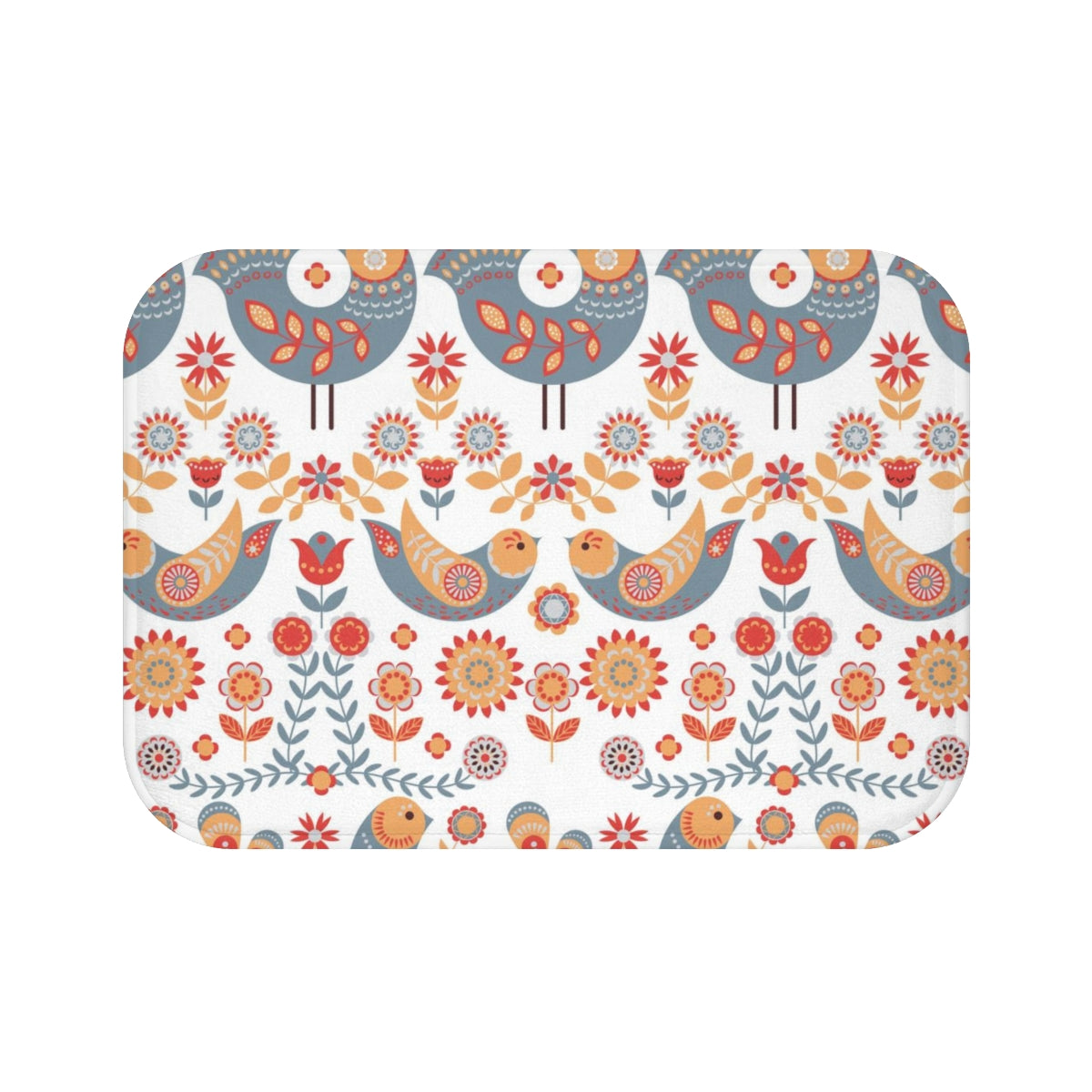 Christmas Bath Mat | Blue White Red Beige Folk Birds