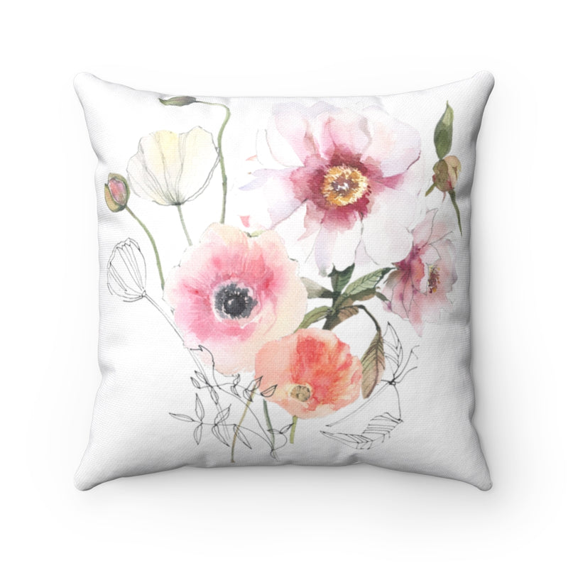 Floral Boho Pillow Cover |  Pastel Pink Peach Poppies Green White