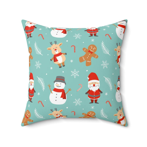 Christmas Square Pillow Cover | Teal Green Cute Christmas Snowman Santa