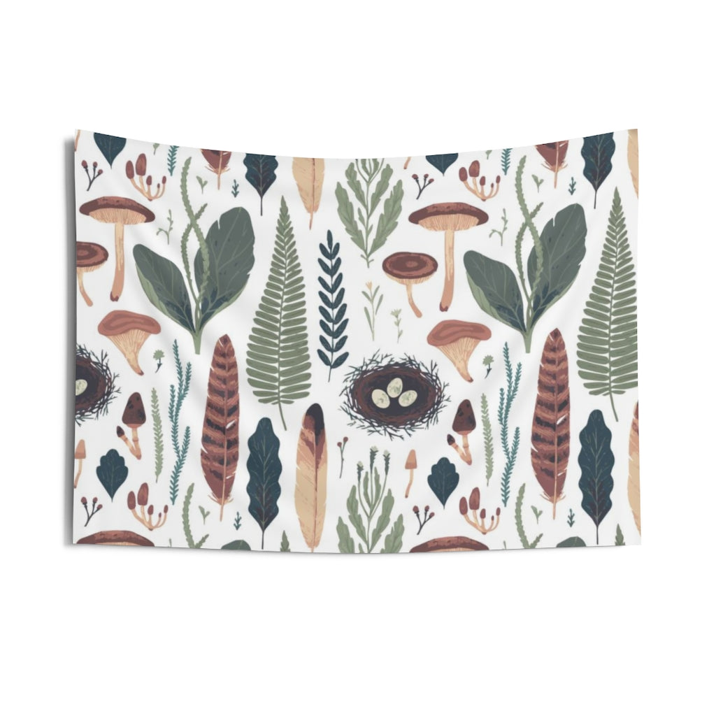 Floral Tapestry | White Green Brown Mushrooms