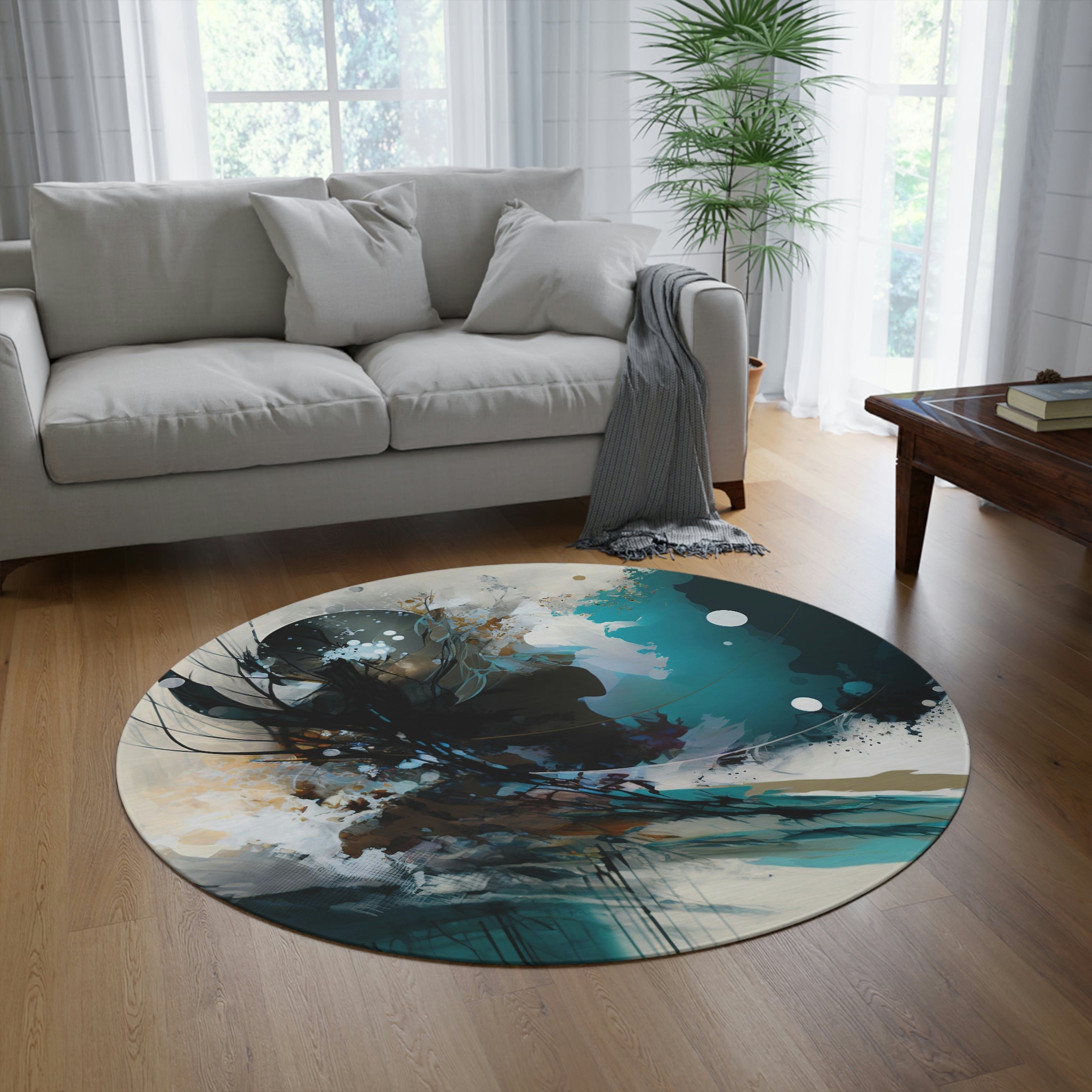 Round Area Rug | Teal Abstract