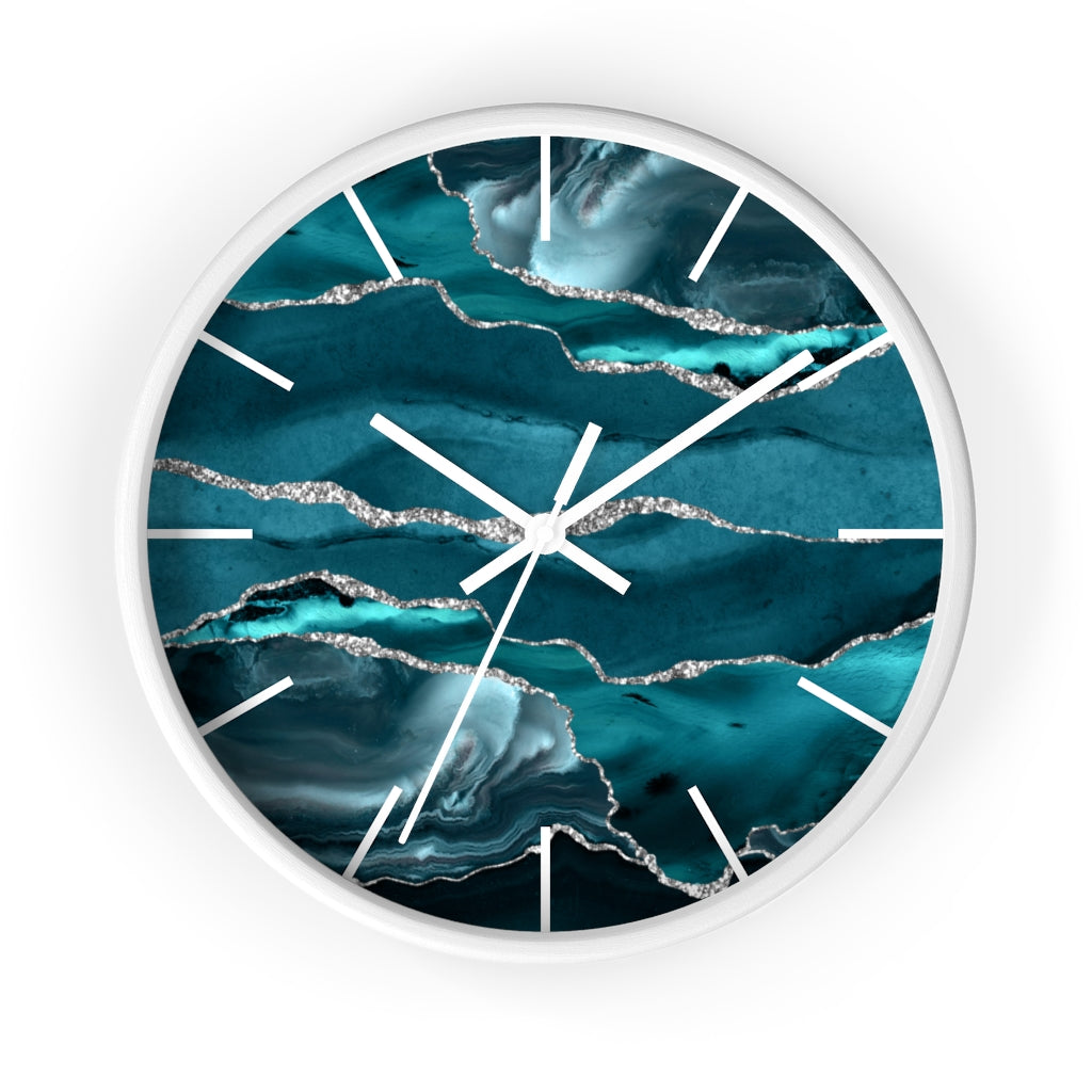 Marble Print, Wood,  Wall Clock, Teal Silver 10"