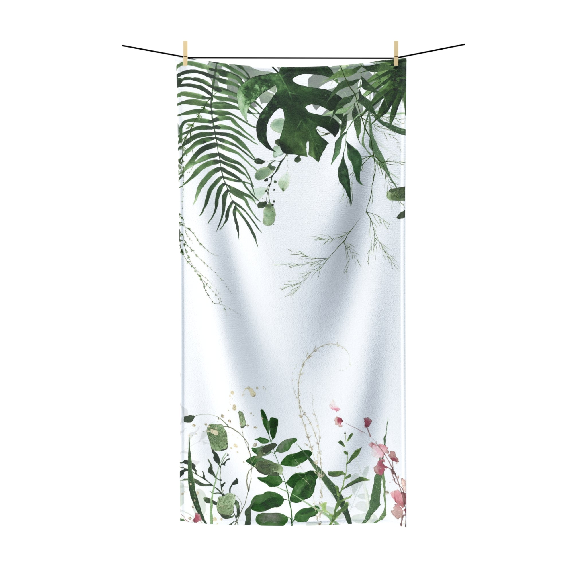 Floral Boho Bath Beach Towel | White Green Monstera Jungle Leaves