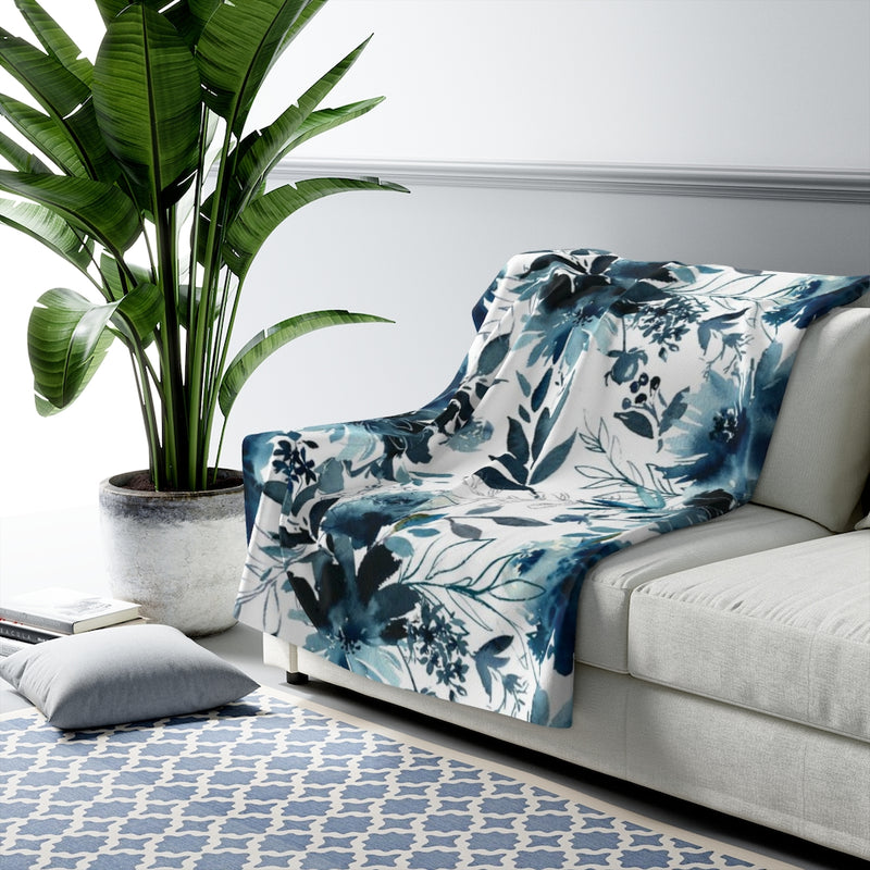 Floral Comfy Blanket | White Indigo Blue Flowers