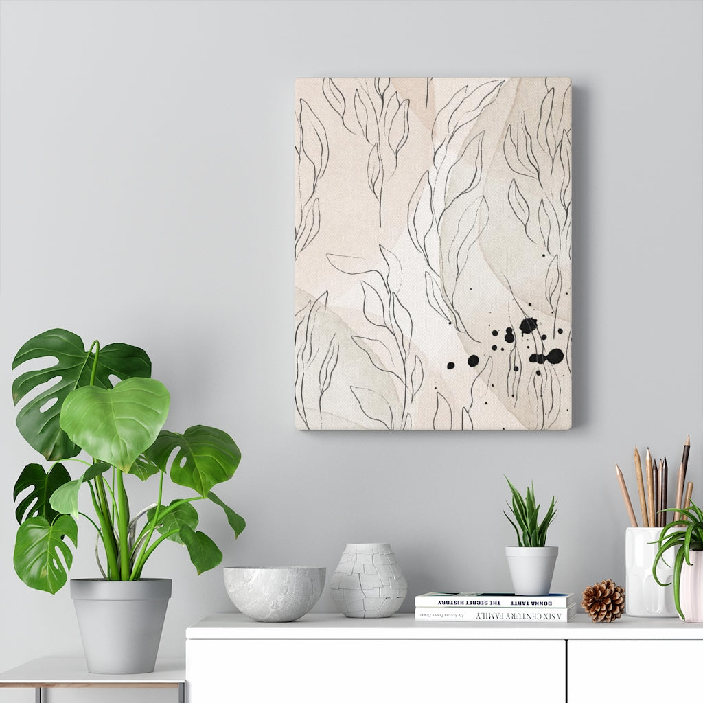 FLORAL WALL CANVAS ART | Beige Black Line Art Leaves